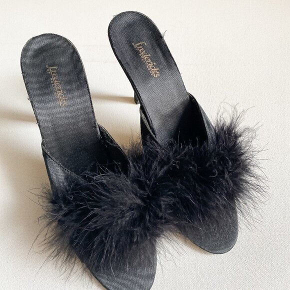 Vintage Fredric's Of Hollywood Black Satin Feather Accent Bedroom Heels 9 - Picture 3 of 11